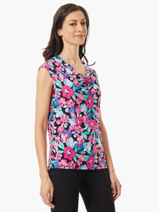 Draped Cowl Neck Jersey Knit Top in the Color Black/Pink Perfection/Riviera Floral | Kasper