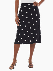 A-Line Jersey Knit Midi Skirt in the color Black/Lily White Polka Dot | Kasper