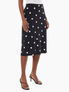 A-Line Jersey Knit Midi Skirt in the color Black/Lily White Polka Dot | Kasper