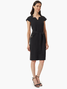 Notched Neckline Belted Crepe Dress in the Color Black | Kasper