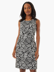 Abstract Jacquard Sleeveless Sheath Dress in the Color Black/Lily White | Kasper