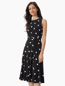 Sleeveless Tie Waist Belted A-Line Dress in the Color Black/Lily White | Kasper