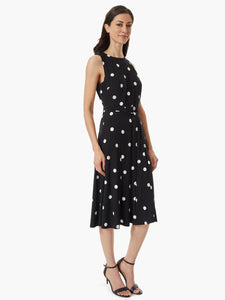 Sleeveless Tie Waist Belted A-Line Dress in the Color Black/Lily White | Kasper