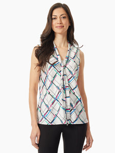 Tie Neck Sleeveless Flat Satin Blouse in the Color Lily White/Riviera/Pink Multi | Kasper