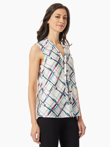 Plus Size Tie Neck Sleeveless Flat Satin Blouse in the Color Lily White/Riviera/Pink Multi | Kasper