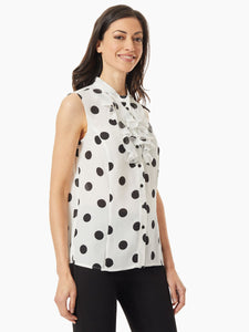 Sleeveless Ruffle Front Blouse in the Color Lily White/Black | Kasper