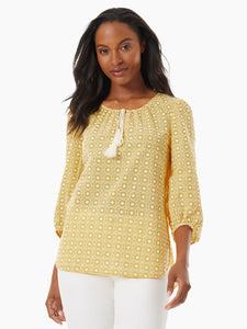 Tassel Accent Tie-Neck High-Low Tunic in the Color Sunflower/NYC White | Jones New York