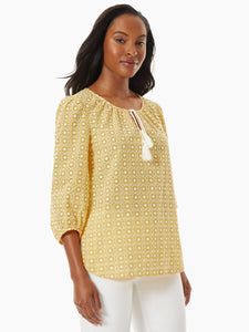 Tassel Accent Tie-Neck High-Low Tunic in the Color Sunflower/NYC White | Jones New York