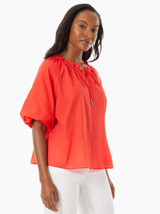 Tie-Neck Puff Sleeve Cotton Peasant Blouse in the Color Scarlet Apple | Jones New York