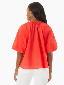 Tie-Neck Puff Sleeve Cotton Peasant Blouse in the Color Scarlet Apple | Jones New York
