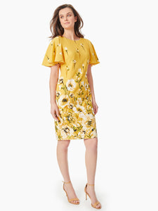 Flutter Sleeve Scuba Crepe Sheath Dress in the color Daffodile Multi | Kasper