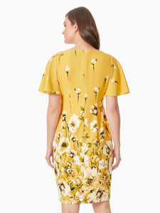 Flutter Sleeve Scuba Crepe Sheath Dress in the color Daffodile Multi | Kasper