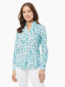 Y-Neck Button-Front Cotton Shirt in the color NYC White/Blue Grotto Multi | Jones New York