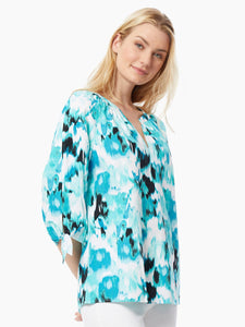 Linen-Blend V-Neck Tie-Sleeve Blouse in the color NYC White/Blue Grotto Multi | Jones New York