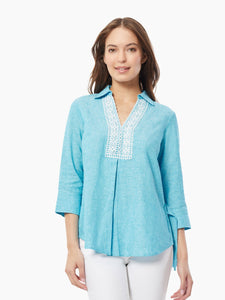 Collared Lace-Front Linen-Blend Blouse in the color Blue Grotto/NYC White | Jones New York