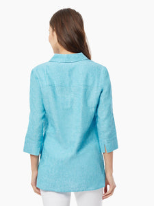 Collared Lace-Front Linen-Blend Blouse in the color Blue Grotto/NYC White | Jones New York