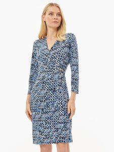 V-Neck Jersey Knit Wrap Dress, Blue Heron Multi Black | Kasper