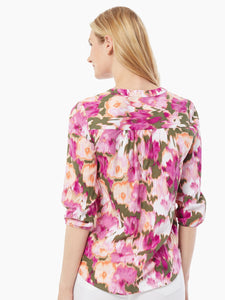 Linen Blend V-Neck Kelly Blouse in the Color Bright Orchid Multi | Jones New York