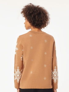 Holiday Snowflake Crewneck Sweater in the Color Caramel Combo | Jones New York