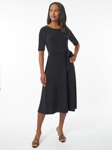 Belted Fit and Flare Jersey Knit Dress, Black | Kasper