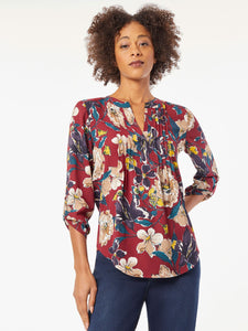 Double Ruffle Roll Tab Pintuck Blouse in the Color Bordeaux Multi | Jones New York