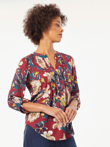 Double Ruffle Roll Tab Pintuck Blouse in the Color Bordeaux Multi | Jones New York