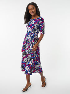 Belted Fit and Flare Jersey Knit Dress, Cerise Multi | Kasper