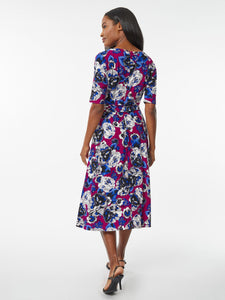 Petite Belted Fit and Flare Jersey Knit Dress, Cerise/Royal | Kasper
