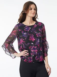 Floral Print Sheer Ruffle Sleeve Blouse, Black/Cerise Multi | Kasper