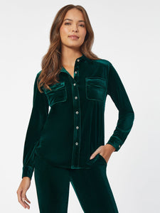 Button-Front Velour Utility Shirt, Emerald | Meison Studio Presents Jones New York