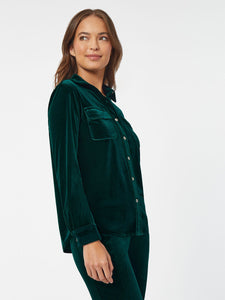 Button-Front Velour Utility Shirt, Emerald | Meison Studio Presents Jones New York
