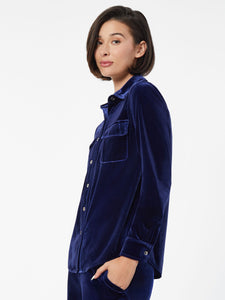Button-Front Velour Utility Shirt, Dark Sapphire | Meison Studio Presents Jones New York