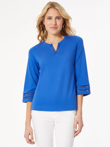 Plus Size Lace Trim Long Sleeve Knit Top in the Color Lt Sapphire | Jones New York