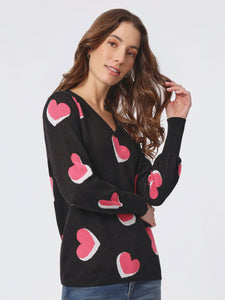 Heart Shape V-Neck Puff Sleeve Sweater, Jones Black Multi | Meison Studio Presents Jones New York