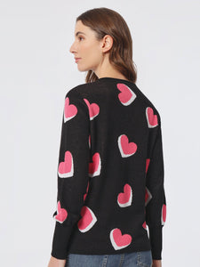 Heart Shape V-Neck Puff Sleeve Sweater, Jones Black Multi | Meison Studio Presents Jones New York