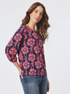 Printed Moss Crepe Puff Sleeve Top in the Color Pacific Navy/Fresh Guava | Jones New York