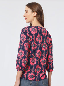 Printed Moss Crepe Puff Sleeve Top in the Color Pacific Navy/Fresh Guava | Jones New York