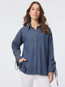 Denim Detail Sleeves Button-Front Shirt, Indigo Dark Wash | Meison Studio Presents Jones New York