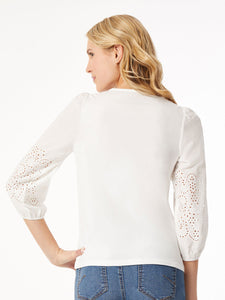 Embroided Sleeve Woven Top in the Color NYC White | Jones New York