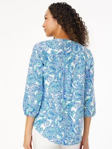 Linen V-Neck Pleated Kelly Blouse in the Color Light Sapphire Multi | Jones New York