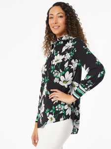 Floral Satin Popover Tunic in the Color Jones Black/Kelly Multi | Jones New York