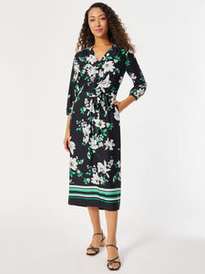 V-Neck Floral Belted Midi Dress in the Color Jones Black/Kelly Multi | Jones New York