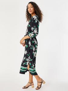 V-Neck Floral Belted Midi Dress in the Color Jones Black/Kelly Multi | Jones New York