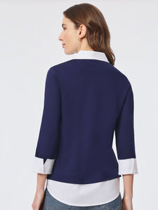 Solid V-Neck Knit Combo Top, Pacific Navy/NYC White | Meison Studio Presents Jones New York