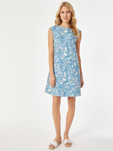 Linen Short Sleeve Swing Dress in the Color Light Sapphire Multi | Jones New York