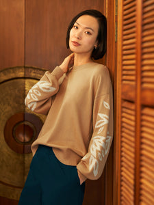 Embroidered Sleeve Cozy Knit Tunic, Italian Clay/Biscotti | Meison Studio Presents Misook
