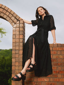 Maxi Drop Waist Dress - Button-Front Lined Lace, Black | Misook