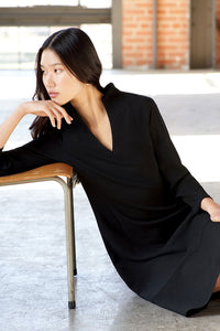 Funnel Neck Deco Crepe Midi Dress, Black | Ming Wang