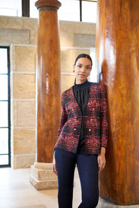 Plus Size Double Breasted Plaid Knit Jacket, Black/Cherry Red/Java/Oakwood/Limestone | Meison Studio Presents Ming Wang