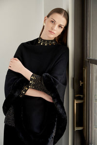 Faux Fur Trim Knit Cape, Black | Meison Studio Presents Ming Wang